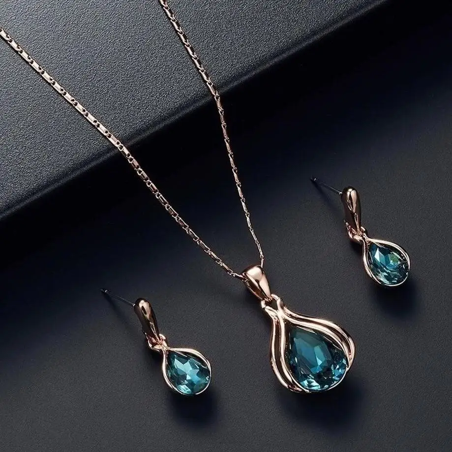 Korean Version New Oval Gemstone Necklace With Full Diamond Earrings Necklace Set