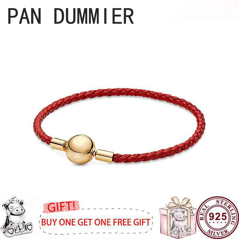 New Hot 925 Silver Exquisite Pink Leather Rope Women's Sliding Bracelet Suitable for Original High Quality DIY Charm Jewelry