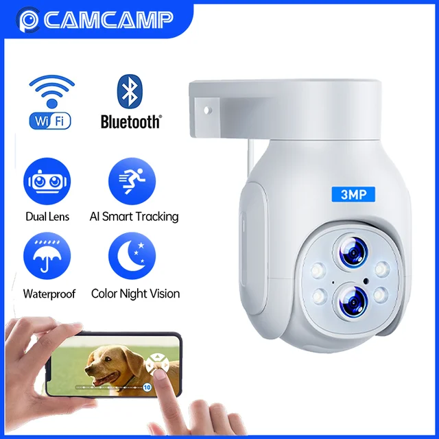 CAMCAMP Caméra Surveillance WiFi Sans Fil Interieur 2MP+2MP Double