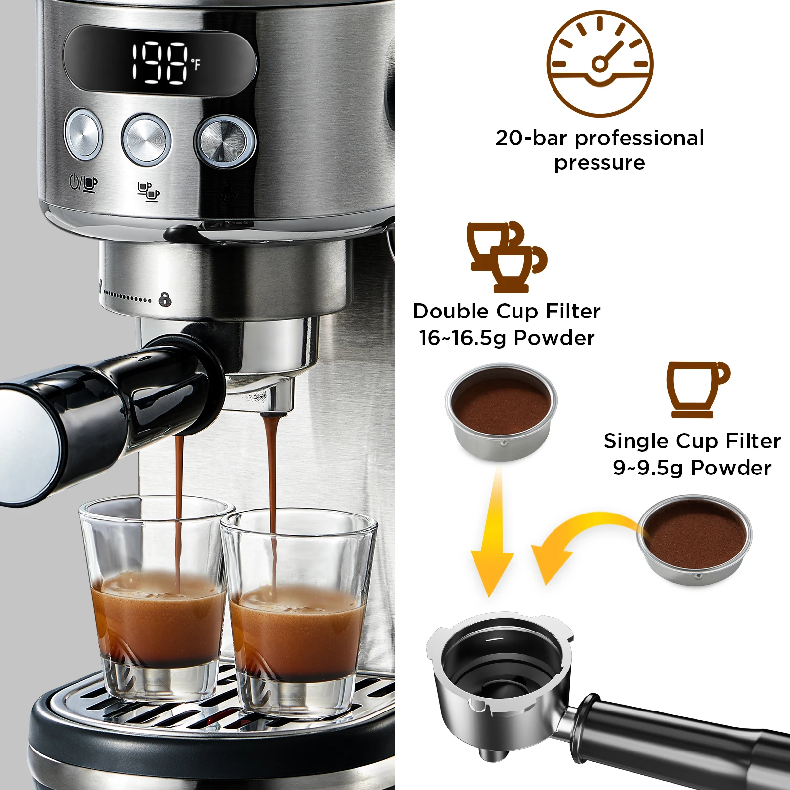 Neretva 20 Bar Espresso Machine Compact Espresso Maker with LED Display & Milk Frother for Home Barista Stainless Steel 3