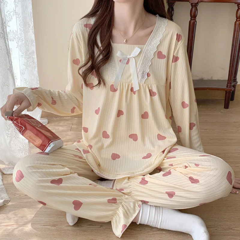 

Women Pajamas Sets XXL Pyjama Spring Autumn Bow Print Pijamas Female Lace Loungewear Long Sleeve Shirt Pants Sleepwear Homewear