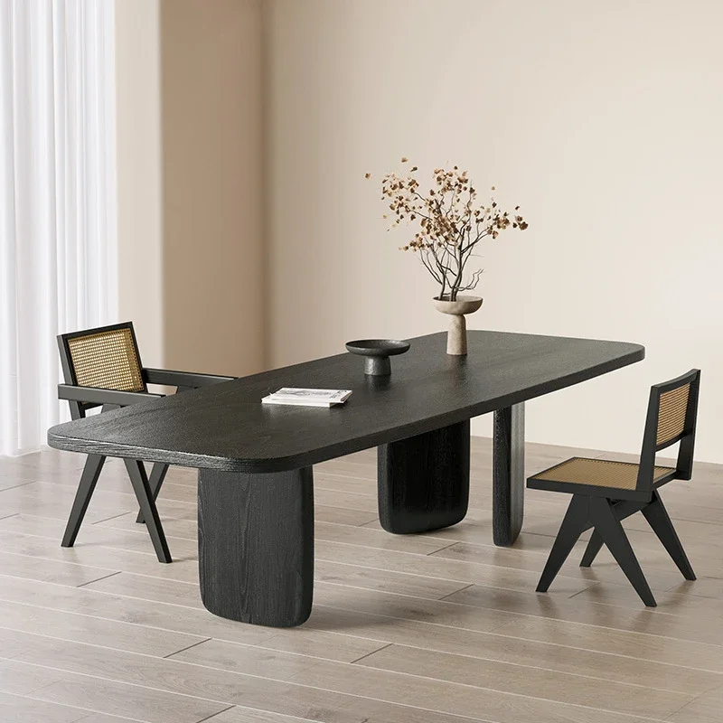 

Carbonized black solid wood dining table, quiet wind large board, personalized designer, wooden tea making table, office desk