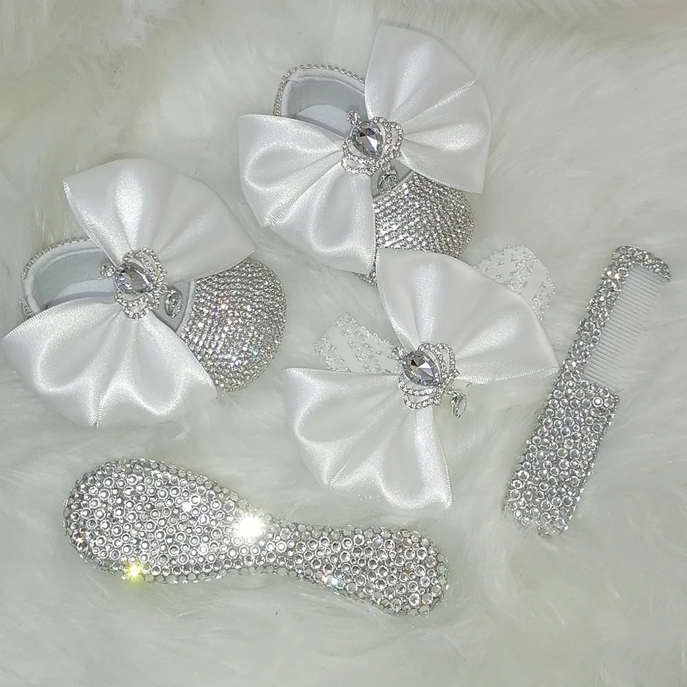 

Handmade Bow Rhinestones Baby Girl Spring Winter Shoes Hairband Comb First Walker Sparkle Bling Crystals Princess Shower Gift