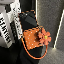 Classic Magnetic Full Screen Polka Dots Case with Flower Strap - Shockproof Cover - Z Flip6 or 7 FE (A)