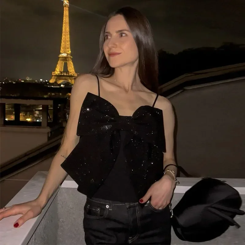 Camiseta sin mangas con lazo grande y lentejuelas para mujer, negra, sin mangas, sin espalda, con cremallera, estilo Y2K, ropa de fiesta para mujer
