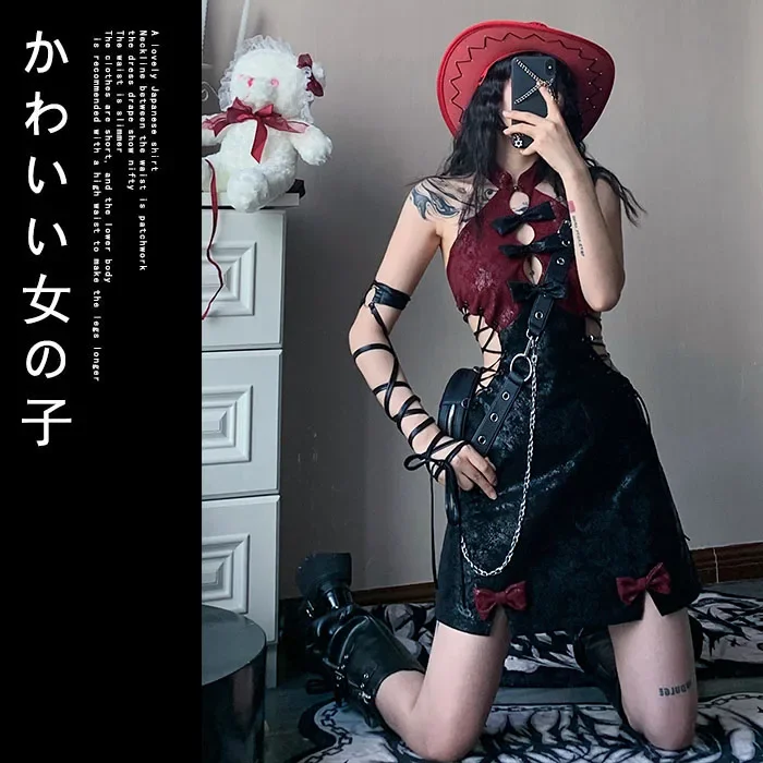 Y2K New Korean Gothic Retro Leather Cowboy Splicing Two-piece Girl Sweetheart Harajuku Gothic Leather Jacket Casual Mini Skirt