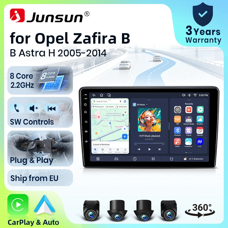 Radio para coche Junsun de 8 núcleos con WiFi 4G para Opel Zafira B Astra H 2005 2006 - 2014, pantalla IPS, CarPlay, Android Auto, GPS, navegador, estéreo, SWC, BT, FM, AM, RDS, DSP, 2Din, Mirror Link, reproductor multimedia, chat de voz con IA, cámara 360 opcional, actualización OTA, unidad principal. 1