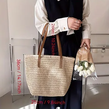 حقيبة كتف للشاطئ منسوجة صيفية فرنسية، حقيبة حمل مفردة بنمط مضفر، حقيبة ترفيهية للإبط، حقيبة تسوق كبيرة للنساء 3