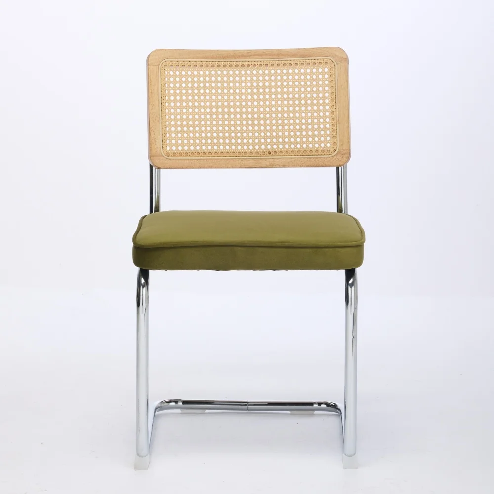 Moderne Esszimmerstühle aus der Mitte des Jahrhunderts, 2er-Set, Samt-Akzentstühle mit Rohrrrückenlehne und rostfreiem Chromsockel, gepolstertes Rattan – Detail 15