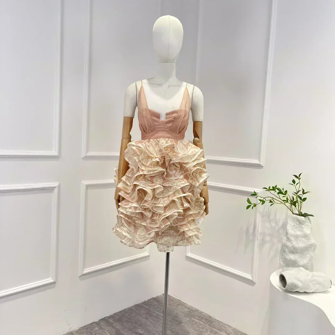 

Unique Design Newest Linen and Silk Sleeveless Pink Cascading Floucing Ruffles Women Mini Dress