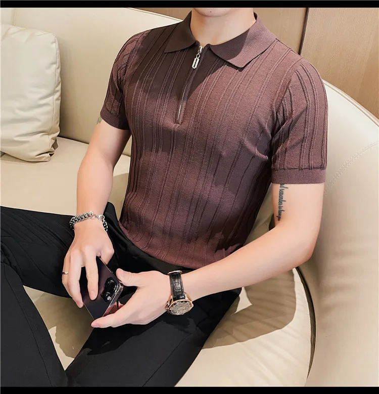 Summer Striped Knitted Polo Shirt for Men Short Sleeve Lapel Knitwear Male Casual Business POLO T-shirts Social Streetwear Tee 24 Sba02a8a23d994ad69975712bc125086e6
