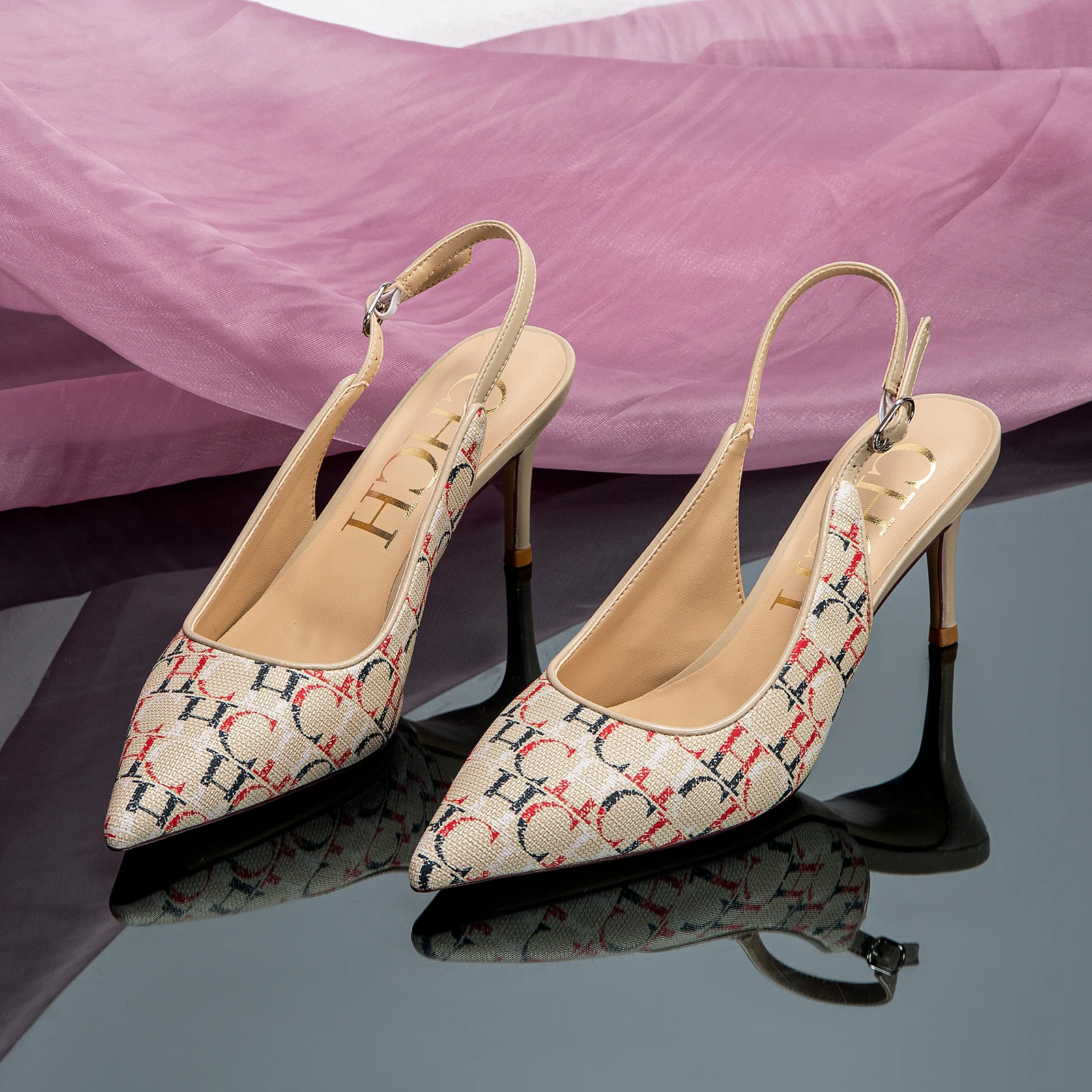 French Women's High Heels Shallow Slim Letter Cowboy Printed Design Classic Fashion Slip On High Heels 6