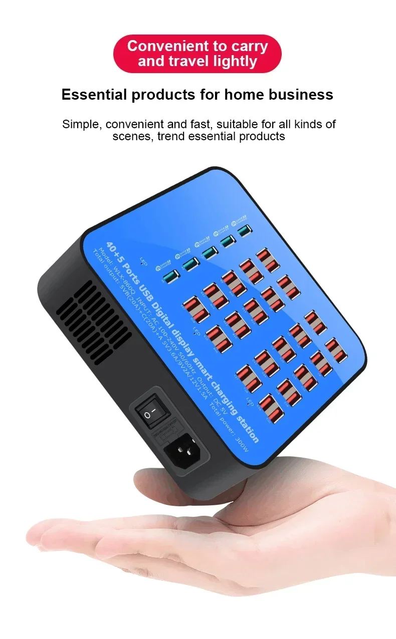 300W/200W/100W 10/20/40/60 Ports USB Charger Display For Android iPhone Adapter Multifunctional HUB Charging Station Dock Socket