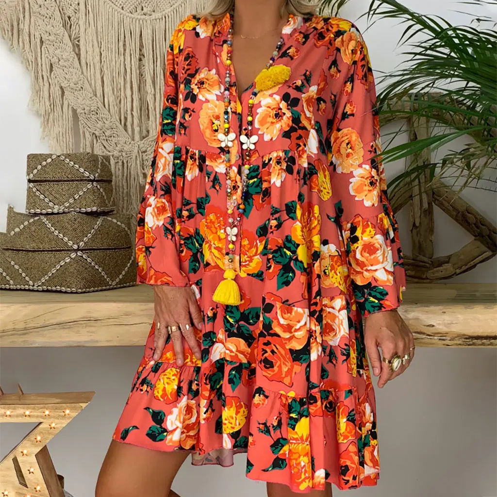 

2023 Spring Printing Boho A-Line Mini Dress Women Elegant V Neck Office Midi Dress Vintage 3/4 Flare Sleeve Summer Beach Dress