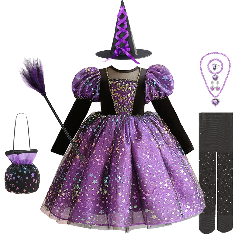 

Luxury Winter Halloween Girls Purple Witch Costume Kids Shining Star Tulle Princess Masquerade Birthday Party Dresses with Props