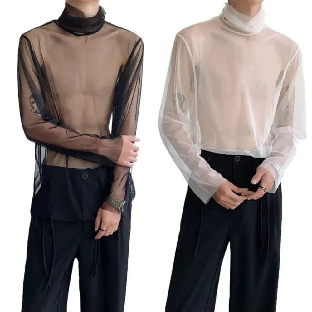 Creative See-through Transparent T-shirt High Collar Streetwear Long Sleeve T-shirt Solid Color Undershirt Mesh Top Men Male