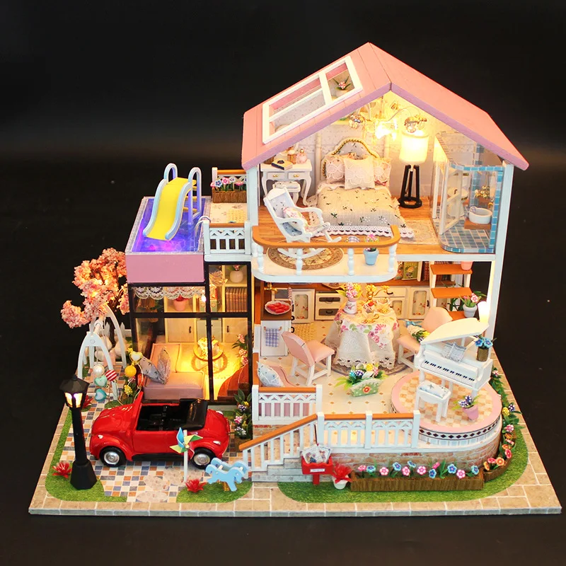 Brinquedos casa de boneca com música led luz em miniatura móveis acessórios  da boneca castelo musical dollhouse modelo de brinquedo para meninas  presente - AliExpress