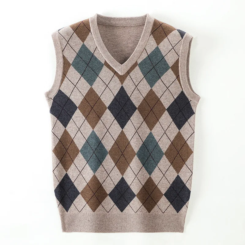 Men sweater vests mens knitted vest Middle Aged Men's Casual Vintage V-neck Sweater Tank plaid printed patchwork screw thread loose jacquard sleeveless knitted top