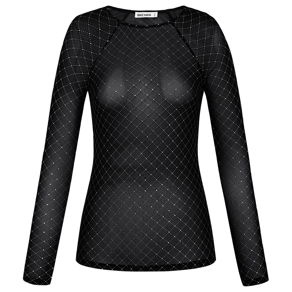 

GK Women Semi See-Through Mesh T-Shirt Elastic Long Sleeve Diamond Pattern Crew Neck Party Tops Y2k Blouse Pullover Sexy Wear