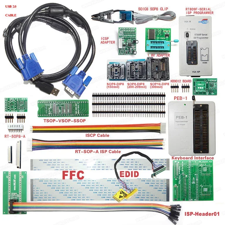 

Free shipping RT809F LCD ISP USB Programmer with all Adapters Socket + PEB-1 + EDID + ISP-DuPont-Heade