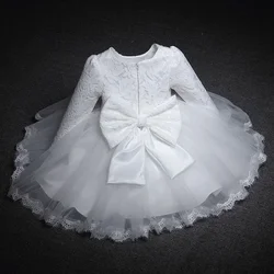 Baby Girls Long Sleeve Dresses for Xmas Party Wedding Lace Big Bow Dresses Infant Girl 1st Birthday Princess White Baptism Dress