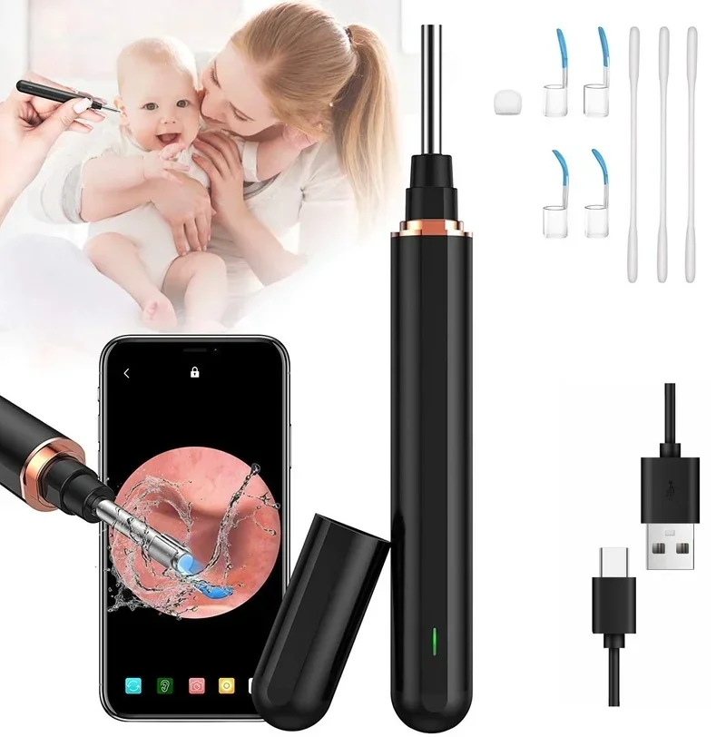 Wireless Otoscope Portable Ear Endoscope Cleaner, Visual Ear Wax Removal Camera with 6 LED Lights for IPhone Android Smartphone