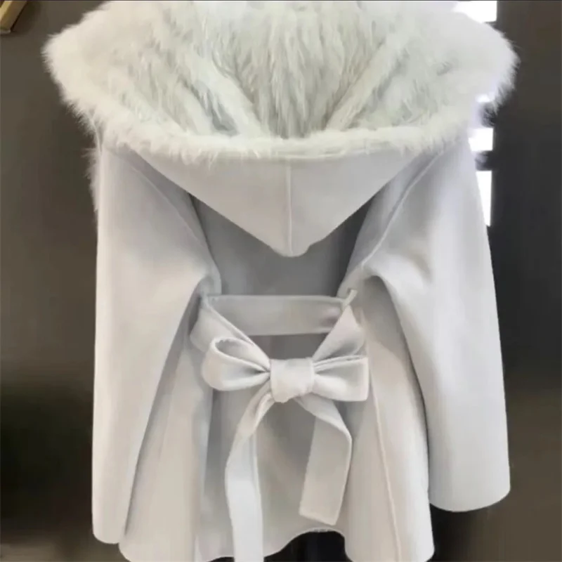 Pink Hooded Coat Women's Autumn Winter Belt Popular Woolen Coat 2024 Fur Coat Fragrant Wind High end Lightweight Short Fur Neck