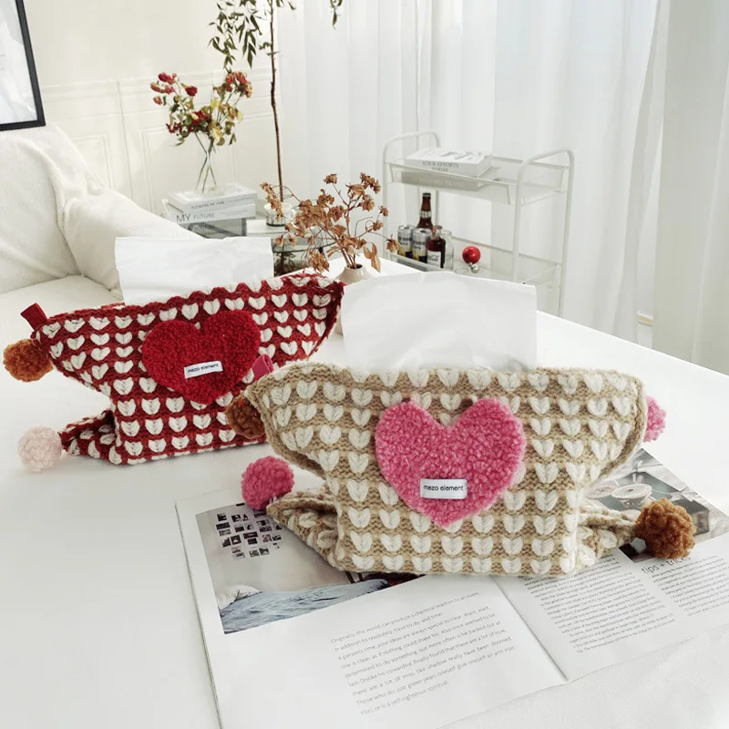 

INS Knitted Love Napkin Holder Home Decor Tissue Box Holder Bedroom Livingroom Tissue Storage Box Portable Car Large Tissue Bag