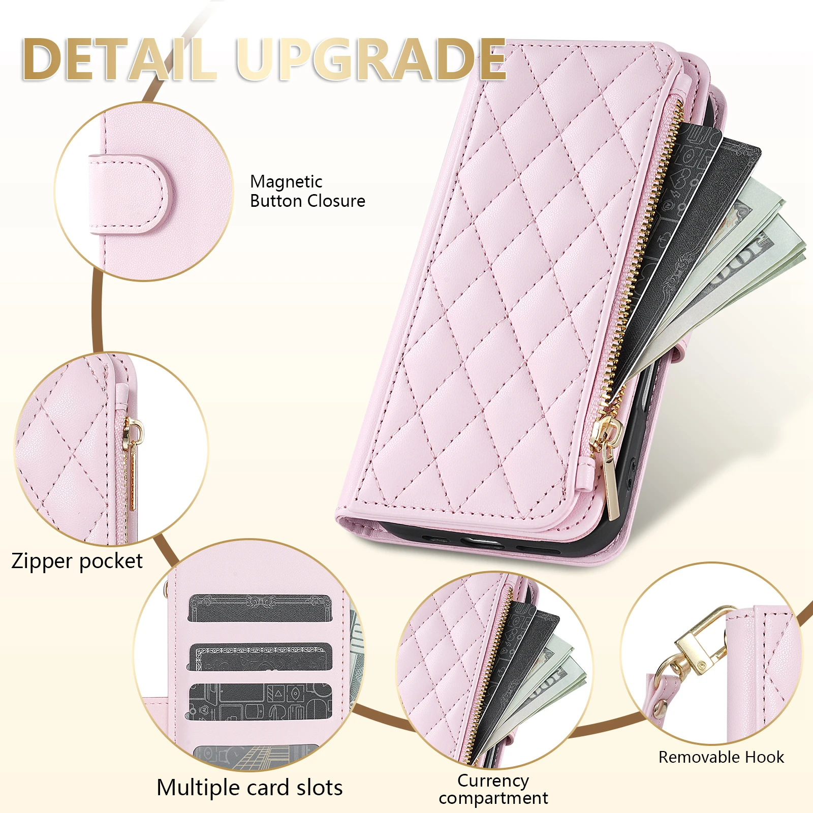 Compact Leather Wallet Case with Zipper Card Slot and Magnetic Flip Stand Feature