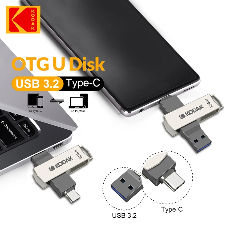 Kodak K273 USB 3.2 OTG Pen Drive Disk 64GB 128GB 256GB USB3.0 2 in