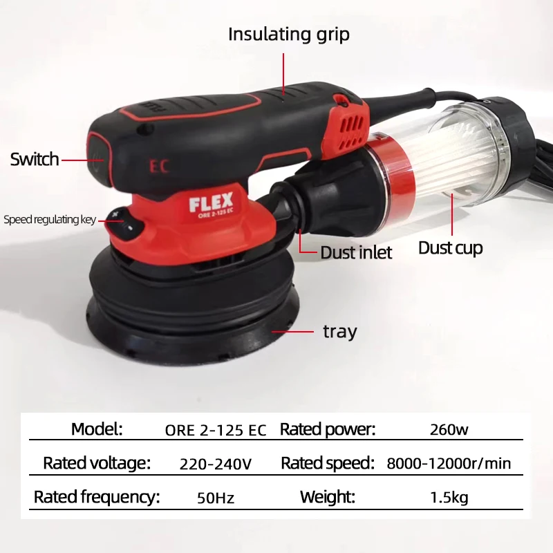 

260W 220v German Original FLEX 5 "125 mm 8 Hole Auto Polishing Machine With Dust Cup Sandpaper Sanding Hand-Held Dry Grinding