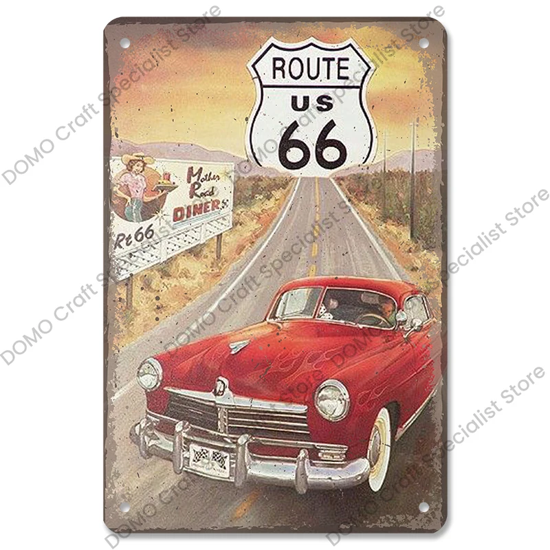 Targa Metallica Vintage Route 66 Map - Decorazione Parete Stile Americano Per Garage E Camera Da Letto