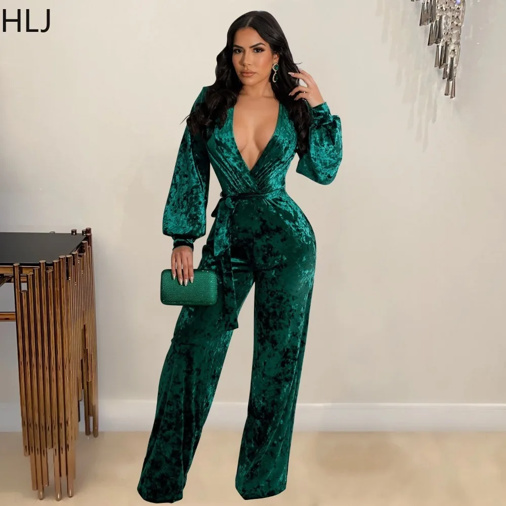 HLJ Fashion Velvet Deep V Slim Lace Up Jumpsuits Women Long Sleeve Solid Color Wide Leg Pants One Piece Playsuits Female Overall