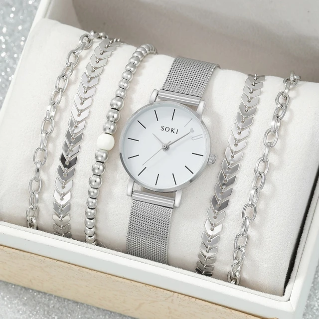 6pc Simple Silver Quartz Watch With Bracelet For Women Casual Fashion Round  Simple Silver Watch Dainty Wheat Bracelets Set - AliExpress