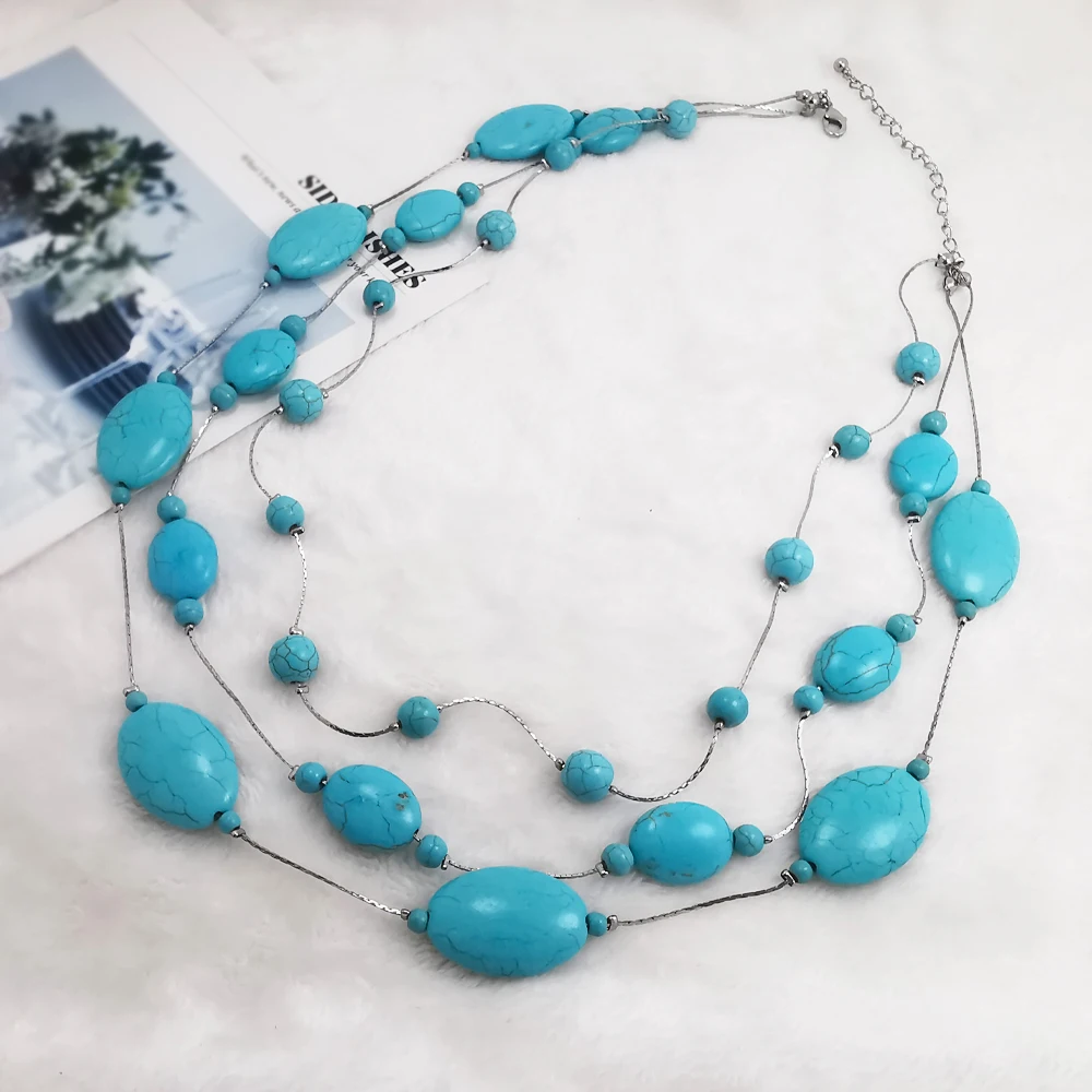 

Renya Natural Stone Layered Round Oval Calaite Beads Necklace Blue Imitation Stone Short Neck for Women Girls Jewelry Gift
