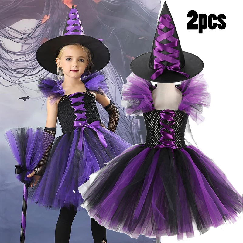 thumbnail image 1 of 2024 Disfraces de cosplay de bruja para niños Disfraz de rol de Halloween Ropa de fiesta temática Ropa de actuación Vestido + Trajes de sombrero, 1 of 5