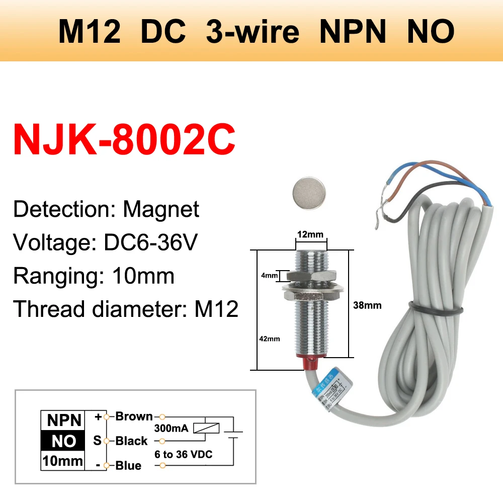 Interruptor de proximidad del sensor de efecto Hall M12 NPN NO/NC 3 cables normalmente abierto