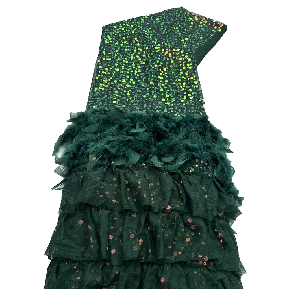 African Feather Lace Fabric Embroidery With Sequins Nigerian Tulle For Wedding Party Long Dress