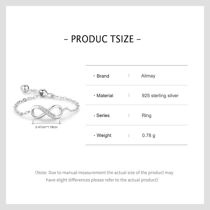 Ailmay-100% 솔리드  참 무한 사랑 클리어 지르코니아 체인 링크 손가락 반지, 여성 성명 쥬얼리 선물