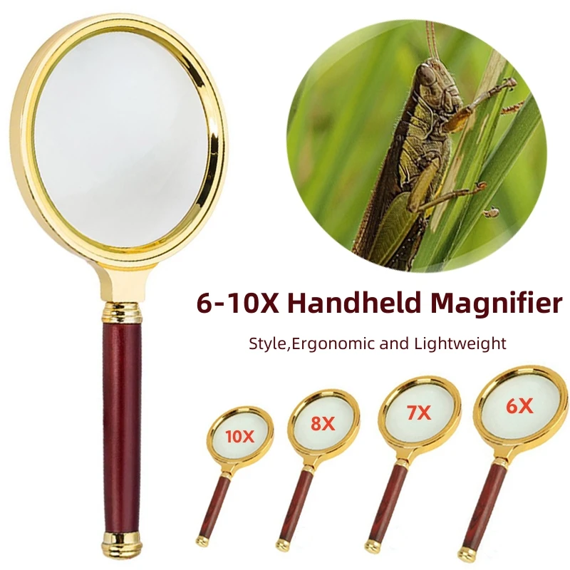 

6-10X Handheld Magnifying Glass Antique Mahogany Handle Magnifier Reading Book Magnifying Glass for Inspection Coins Map Lupa