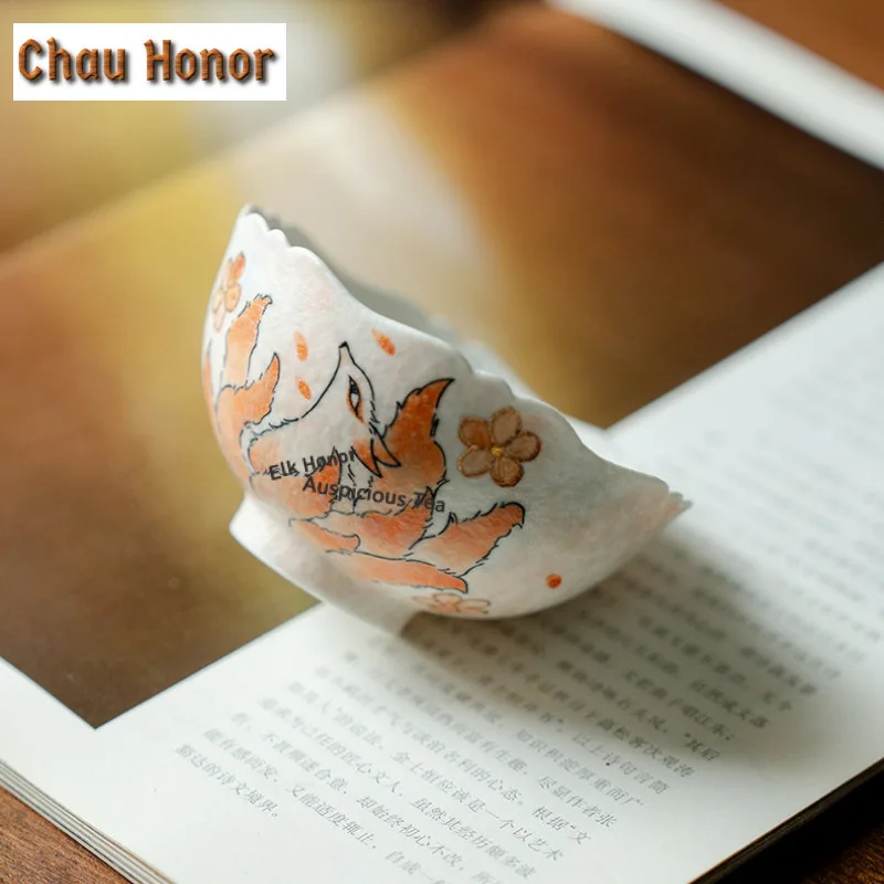95ml Pure Hand-drawn Nine-tailed Fox Teacup Vintage Tea Bowl Cute Cup Tea-tasting Smelling Cup Jianzhan Master Cups Drinkware