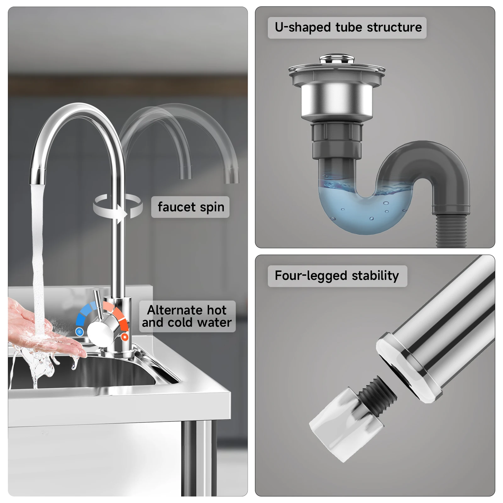 Stainless Steel Prep & Utility Sink With Countertop Faucet Hose Free Standing Single Bowl Commercial Kitchen Sink Workbench 3