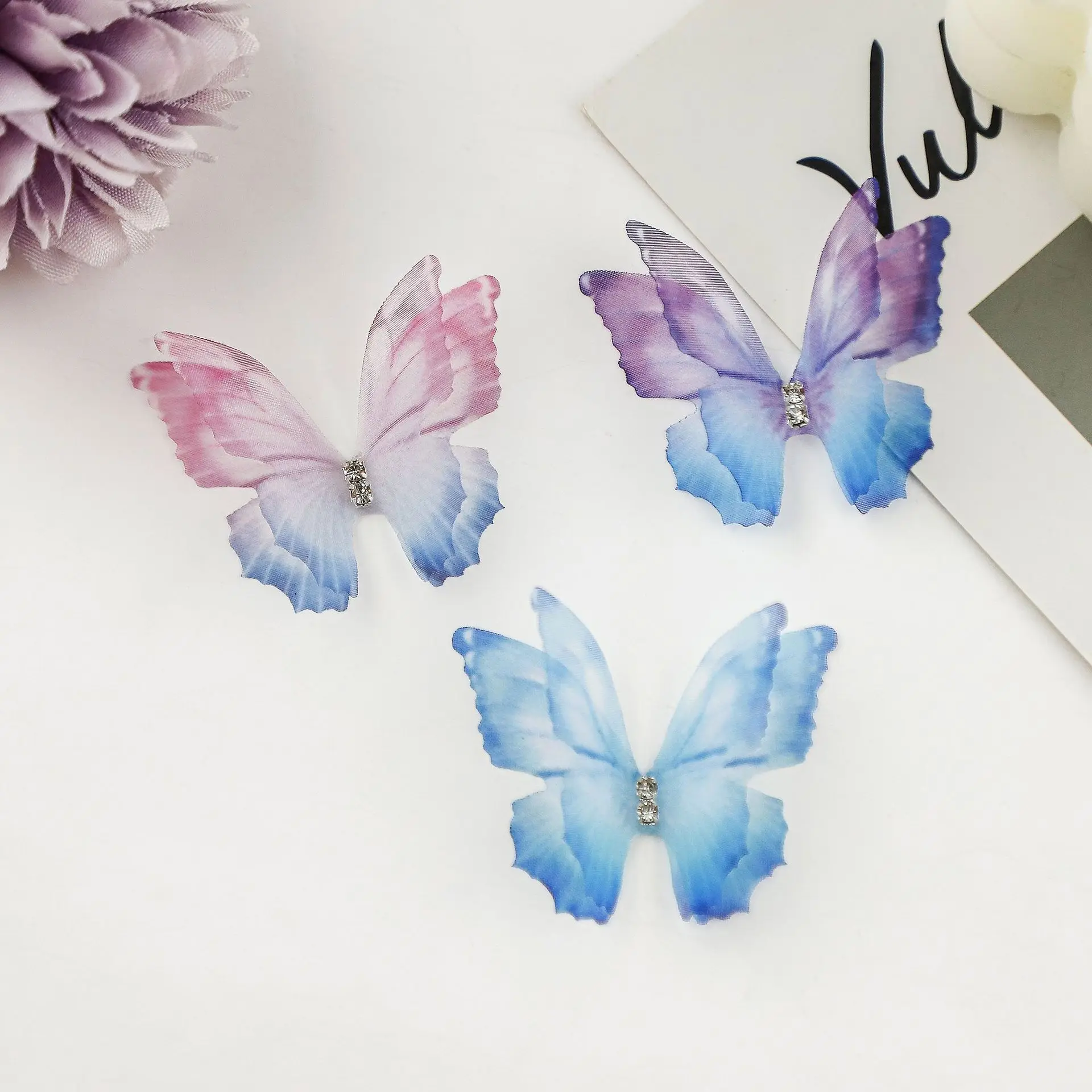 100Pcs 4.5Cm Tulle Butterfly With Rhinestone For DIY Making Clothing Party Festival Decor Handmade Craft Accessories
