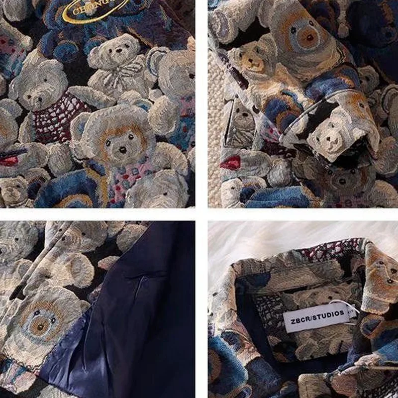 Autumn and Winter Fashion Casual Cute Bear Print Lapel Jacket for Men and Women Single-breasted Jacket 2024 New Women Clothing