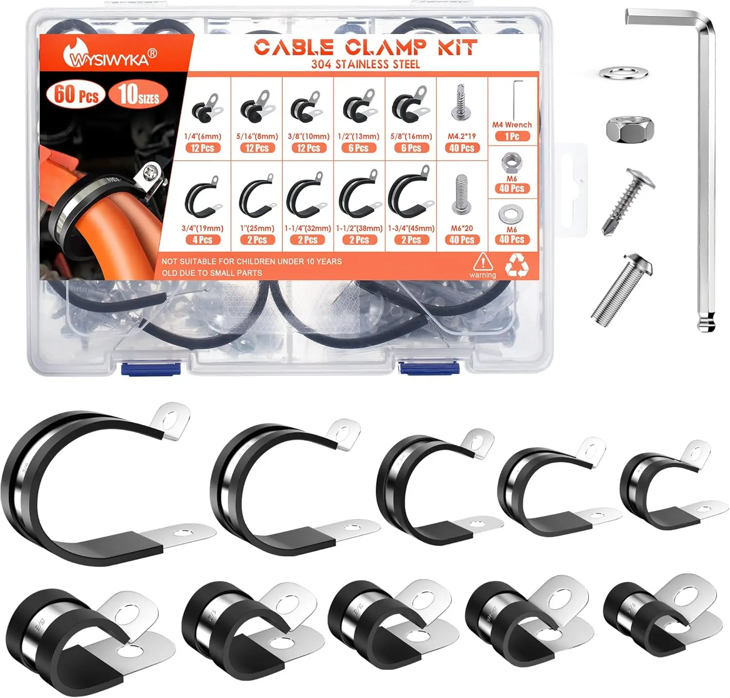 60PCS Rubber Lined P Clip Kit 304 Stainless Steel Cable Clamp Clip 6 ...