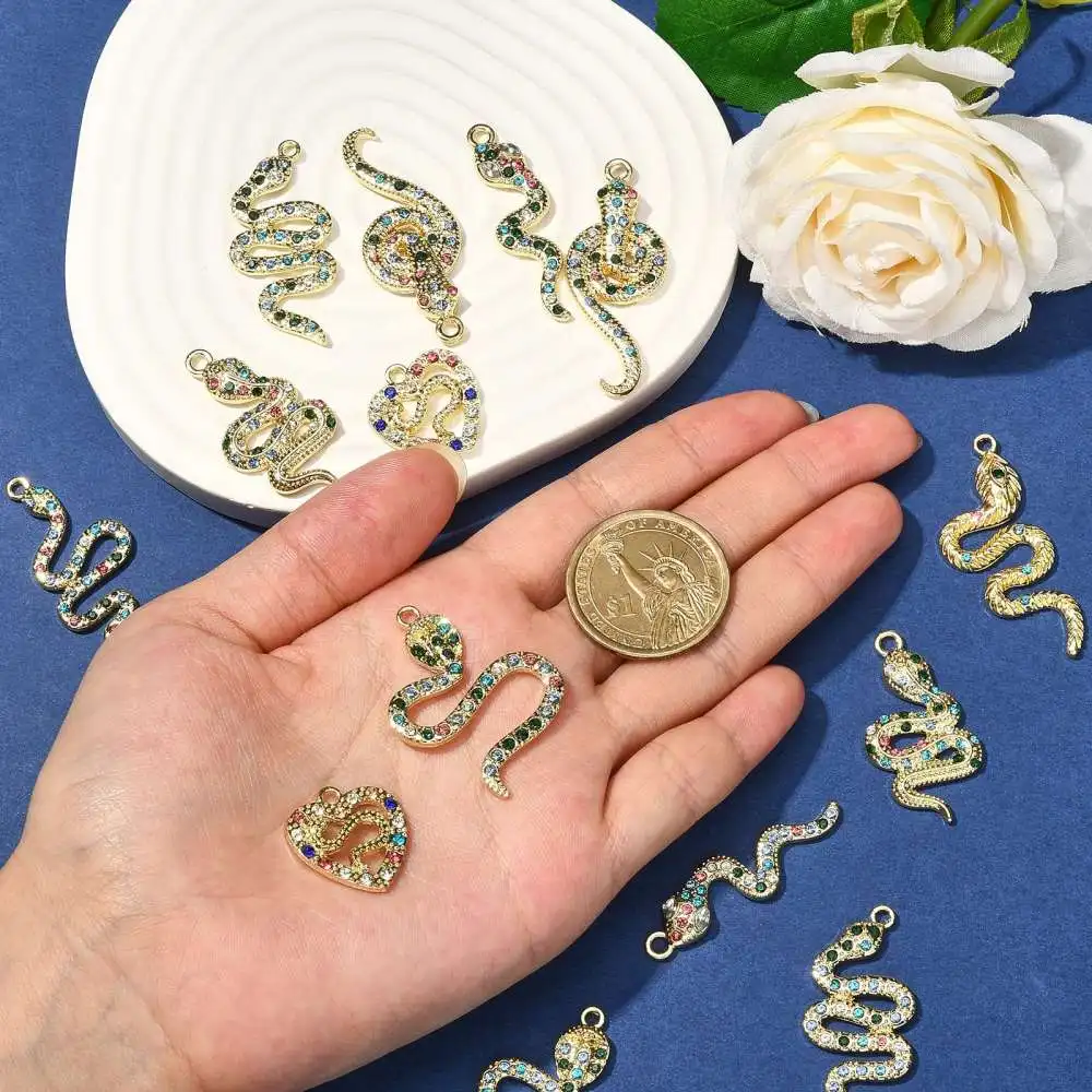 16 Pcs 8 Styles Stylish Rainbow Rhinestone Cobra Snake Charms LightGold Animal Charm for Necklace Bracelet Jewelry Making