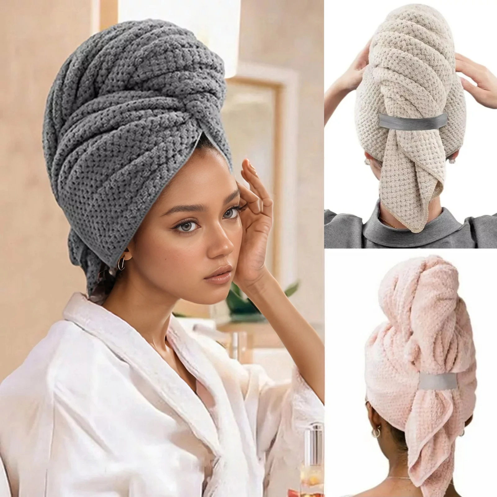 Large Microfiber Hair Towels Ultra Soft Hair Towel Wrap with Elastic Loop for Curly Hair Long & Short Hair