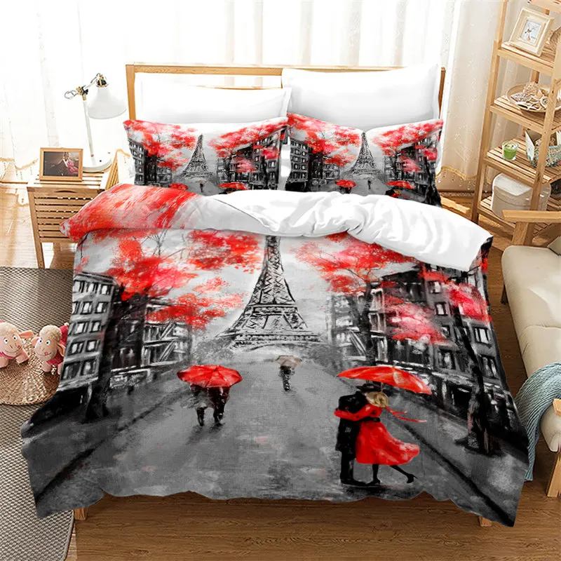 

3pcs Eiffel Tower Duvet Cover Romantic Couple Flower King Comforter Cover France Paris Cityscape Bedding Set For Girl Teen Kids