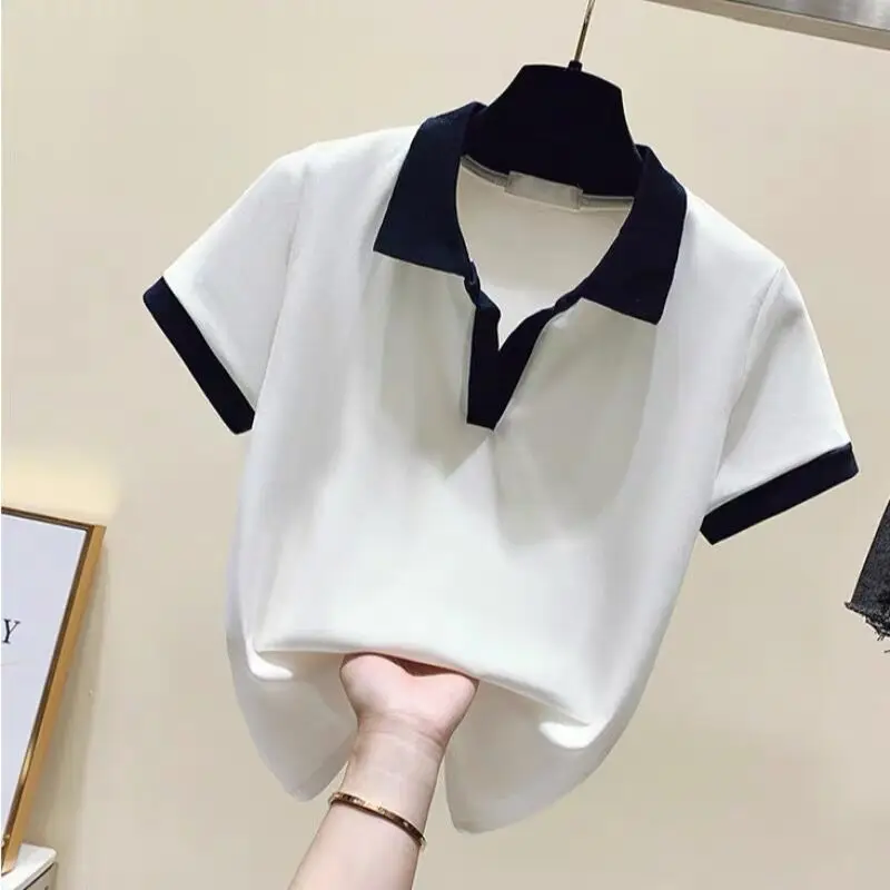 Summer New Pure Cotton Short Sleeved T-shirt for Women with Polo Collar Design Slim Fit and Versatile Short Top Clothes