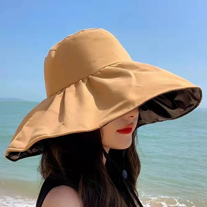 Cappello per protezione solare in gomma nera Cappello da pescatore con protezione UV pieghevole estivo a tesa larga da donna_voghion.com